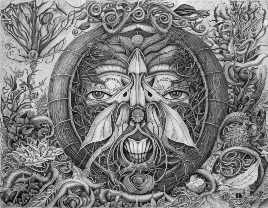 Detailed monochromatic drawing of intricate face with floral patterns in circle, surrounded by swirling vegetative motifs