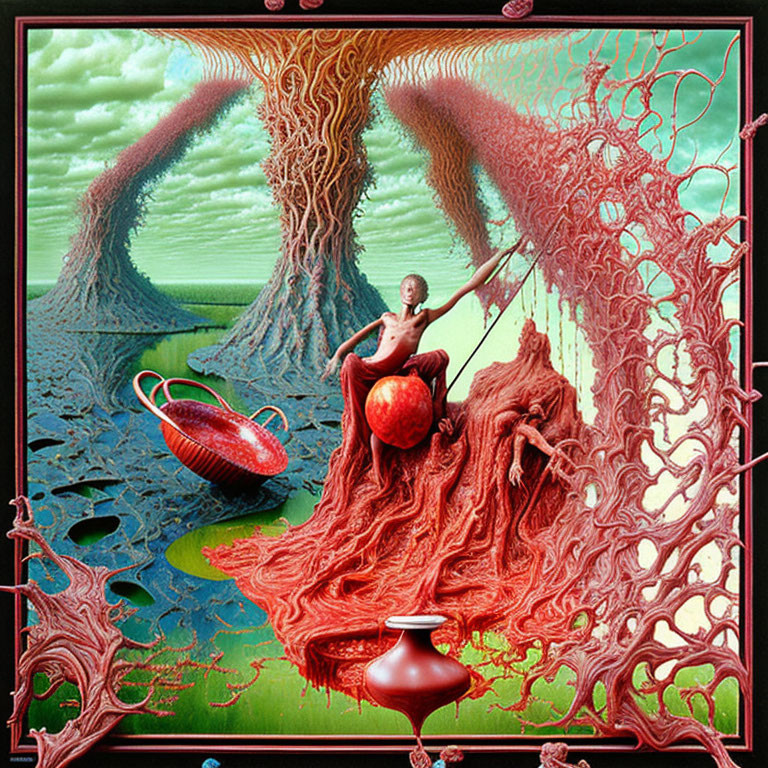 Surreal artwork: person on red organic structure with trees and vessel