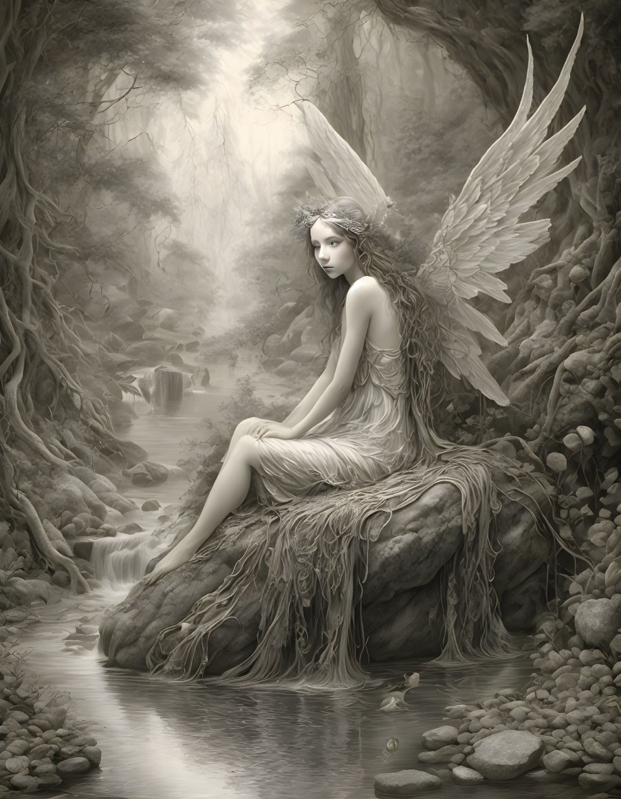 Monochromatic winged fairy by serene stream in mystical forest