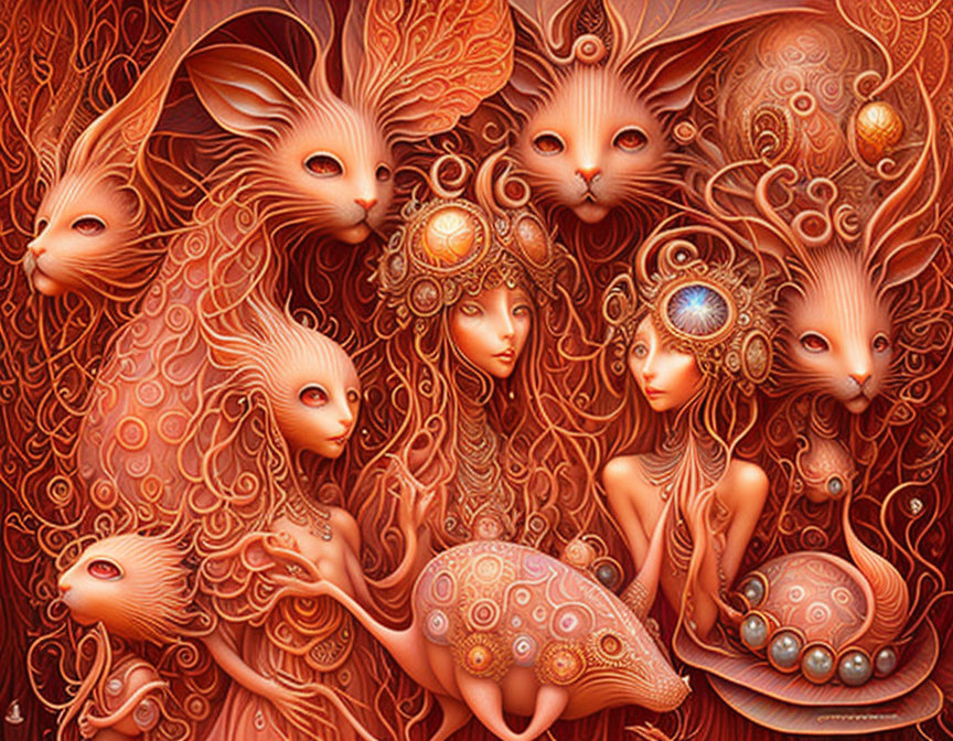 Fantastical humanoid figures with rabbit-like features in ornate, swirling patterns