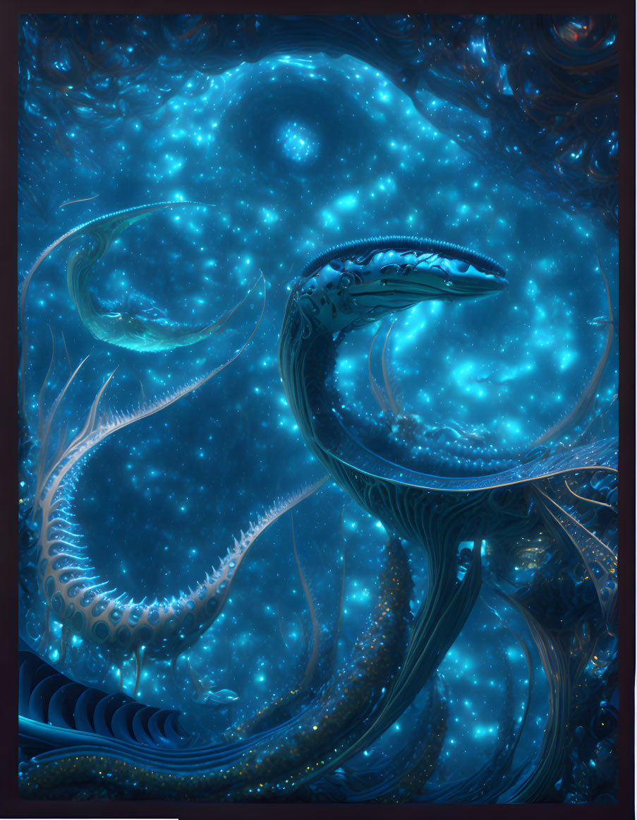 Luminescent Blue Serpent-Like Creature in Cosmic Nebula Environment