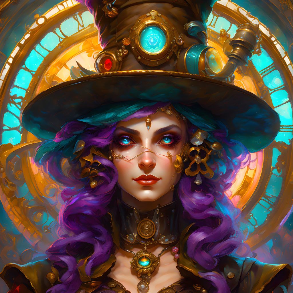 Violet-haired woman in steampunk hat with teal gem and golden jewelry