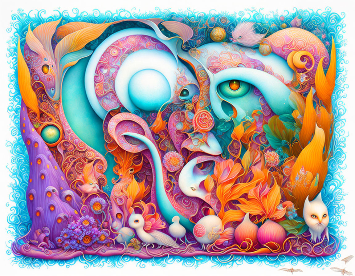 Colorful fantasy illustration with fish, eye, and floral motifs in blue, orange, and purple.