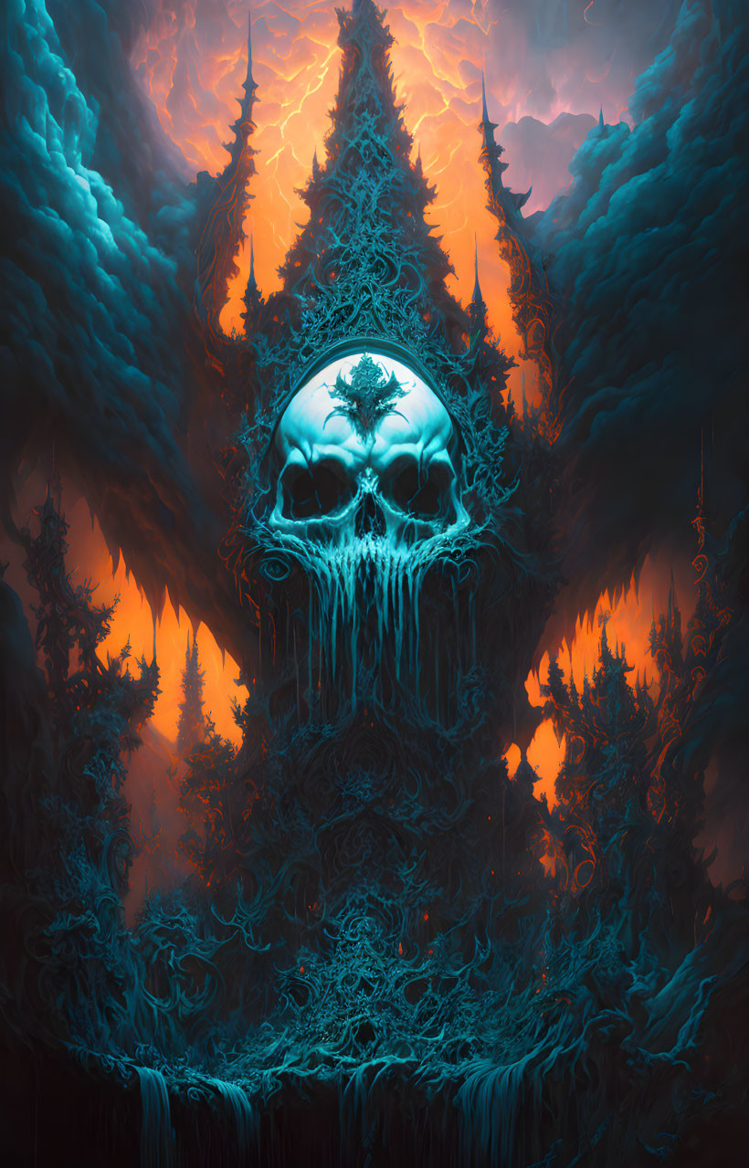 Neon blue and orange digital artwork with glowing skull and eerie spires