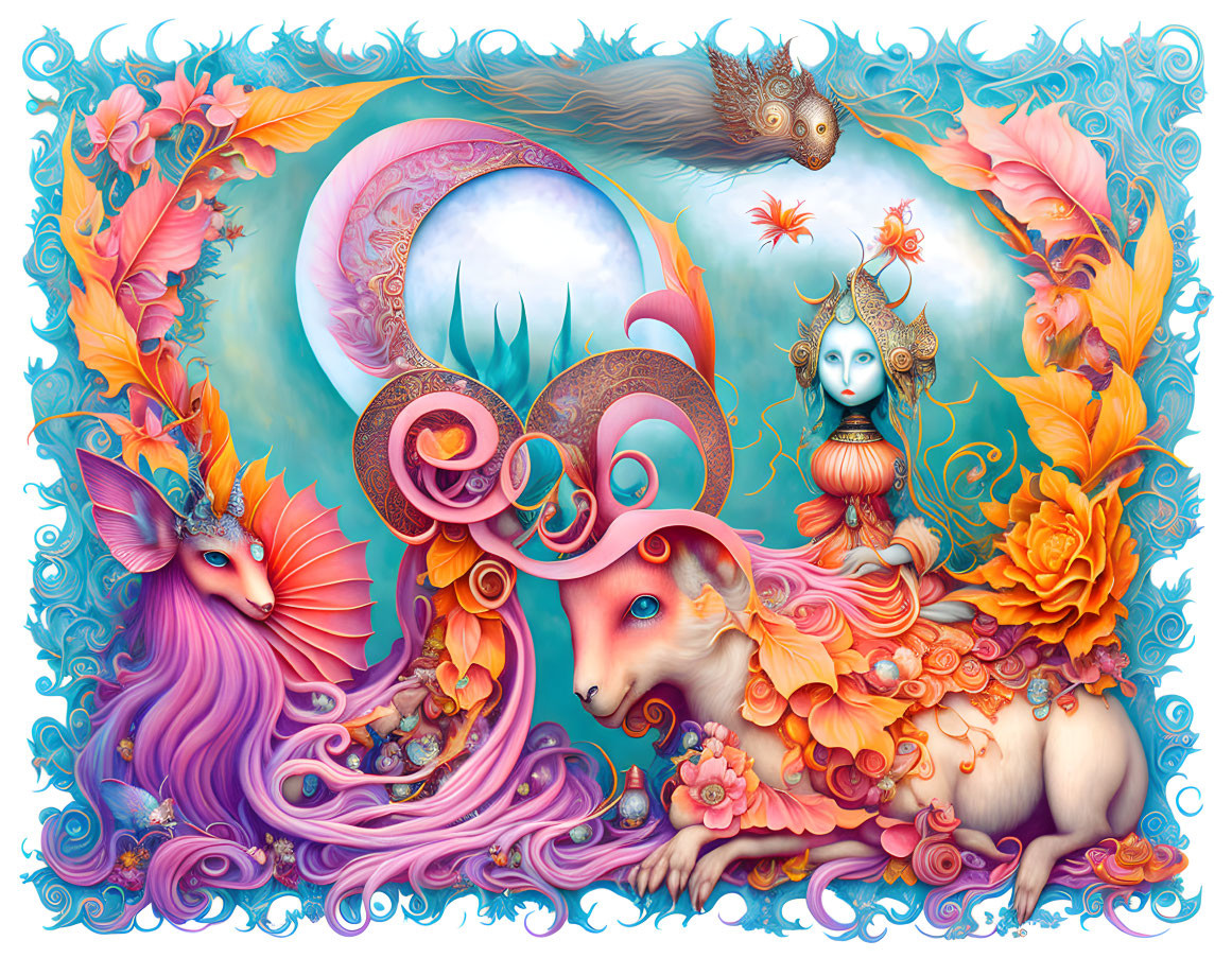 Fantasy illustration: Foxes, fish, and florals on pastel backdrop