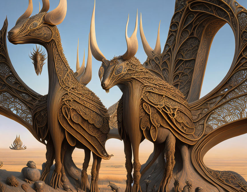 Ornate fantastical creatures with elongated necks and horns in desert landscape