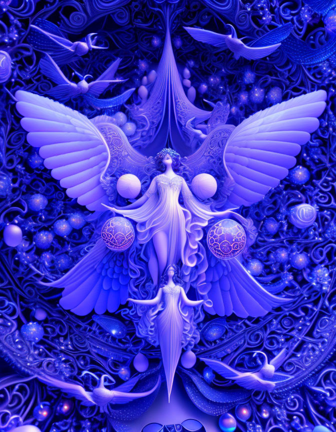 Monochromatic blue symmetrical design with angelic figures, doves, ornate patterns, spheres