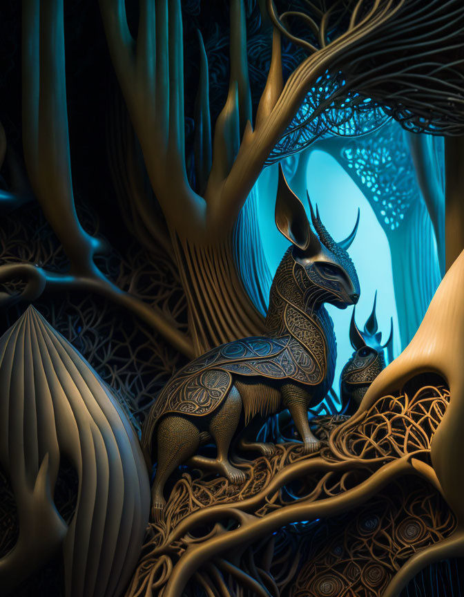 Stylized image of ornate deer-like creatures in swirling branches under blue glow