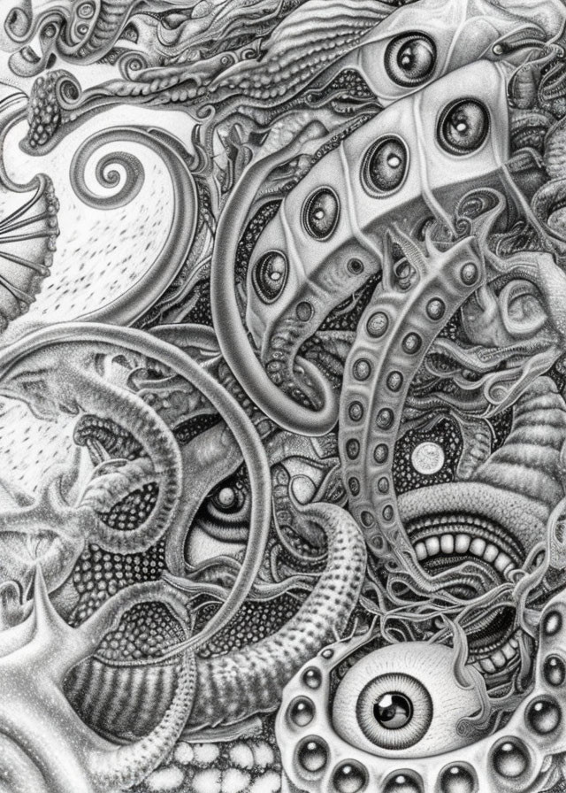 Detailed Black and White Surreal Illustration of Fantastical Scene