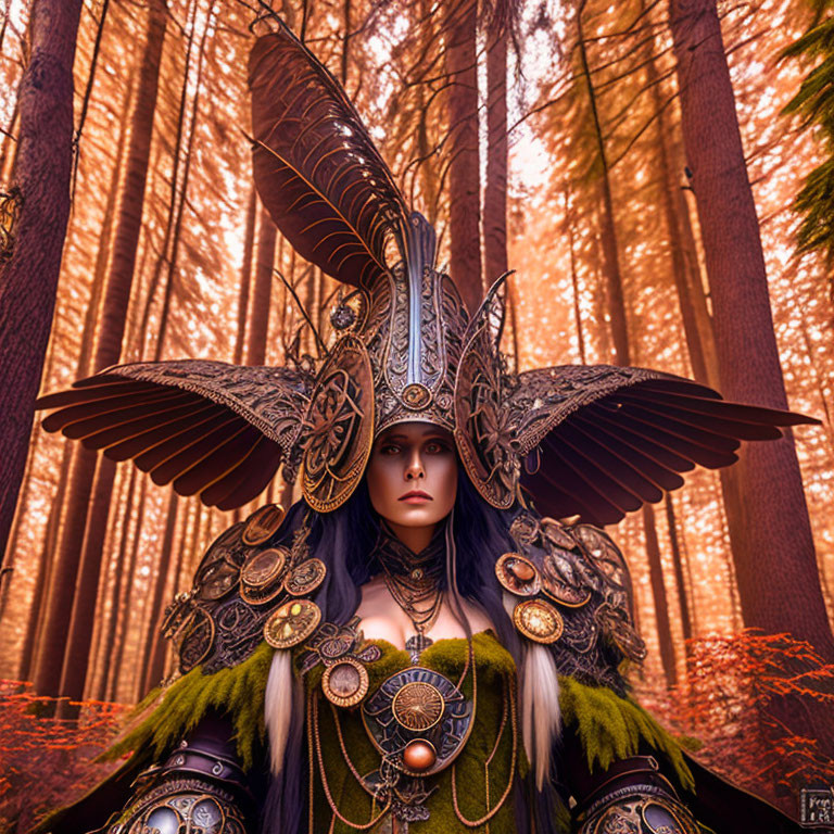 Regal figure in feathered headdress and armor in autumnal forest