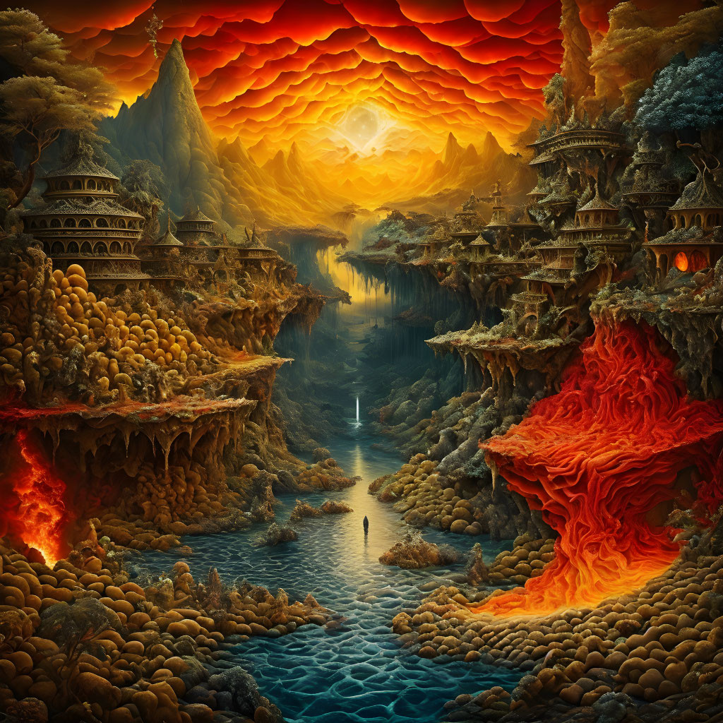 Surreal landscape with fiery skies, lava, pagoda-style buildings, blue river, lone figure