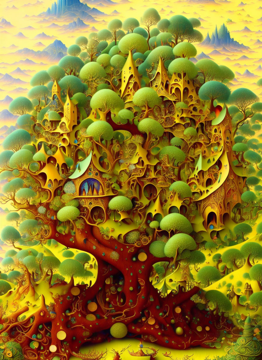 Vibrant landscape with tree-like structures and golden sky