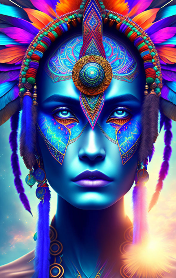 Colorful digital art: Blue-skinned figure in Native American headdress with intricate patterns.