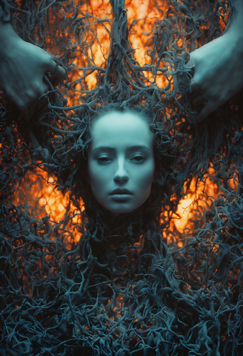 Pale-skinned person in surreal portrait framed by dark branches on fiery orange backdrop