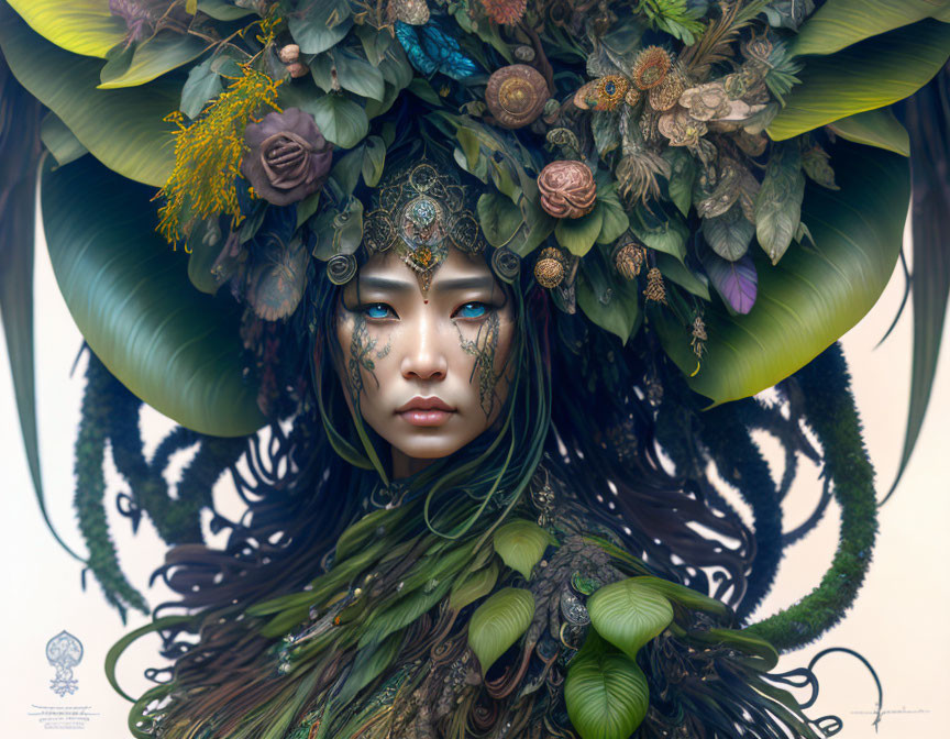 Botanical-themed woman with intricate jewelry and serene expression