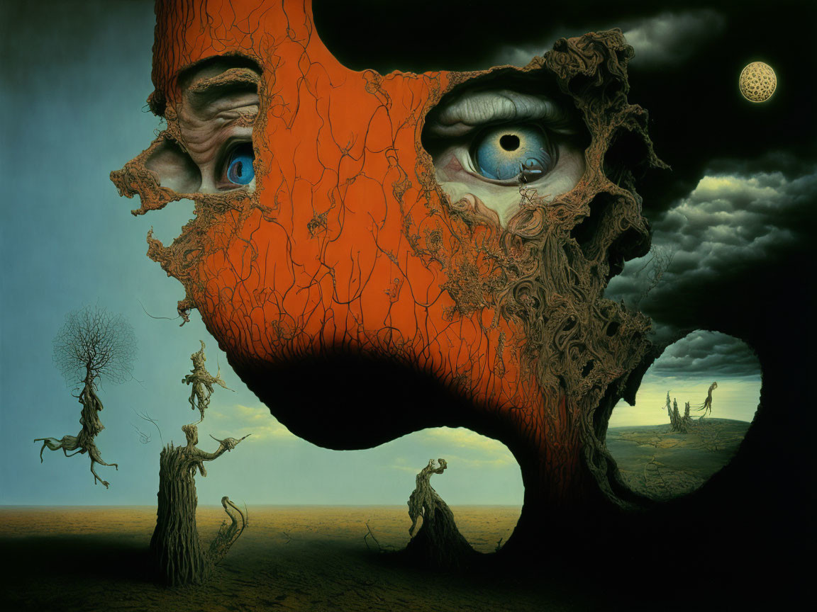 Surreal painting: face merged with desolate landscape, eerie trees, floating moon, cracked textures