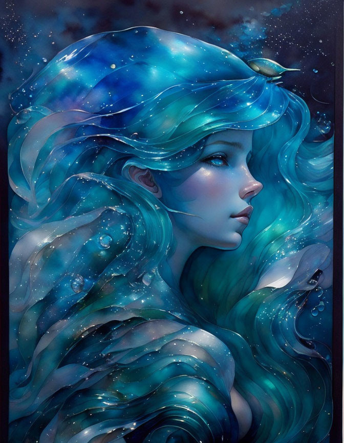 Ethereal female figure with blue hair, stars, and fish on starry night background