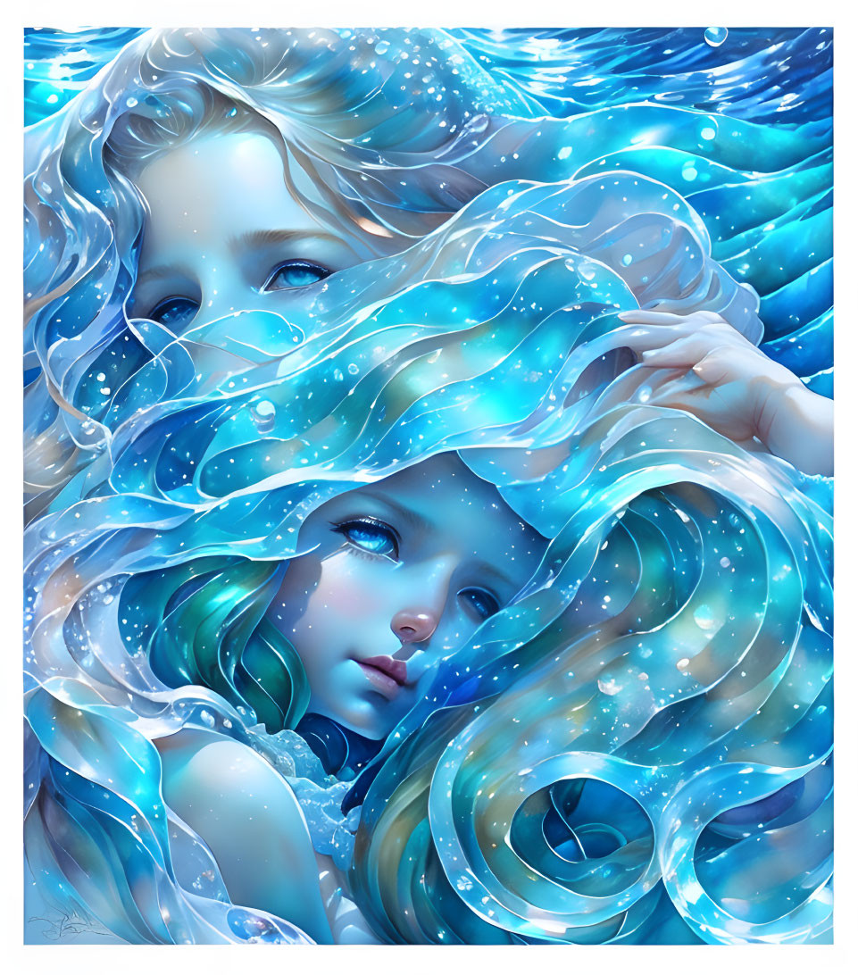 Fantastical illustration of two figures with flowing blue hair intertwined