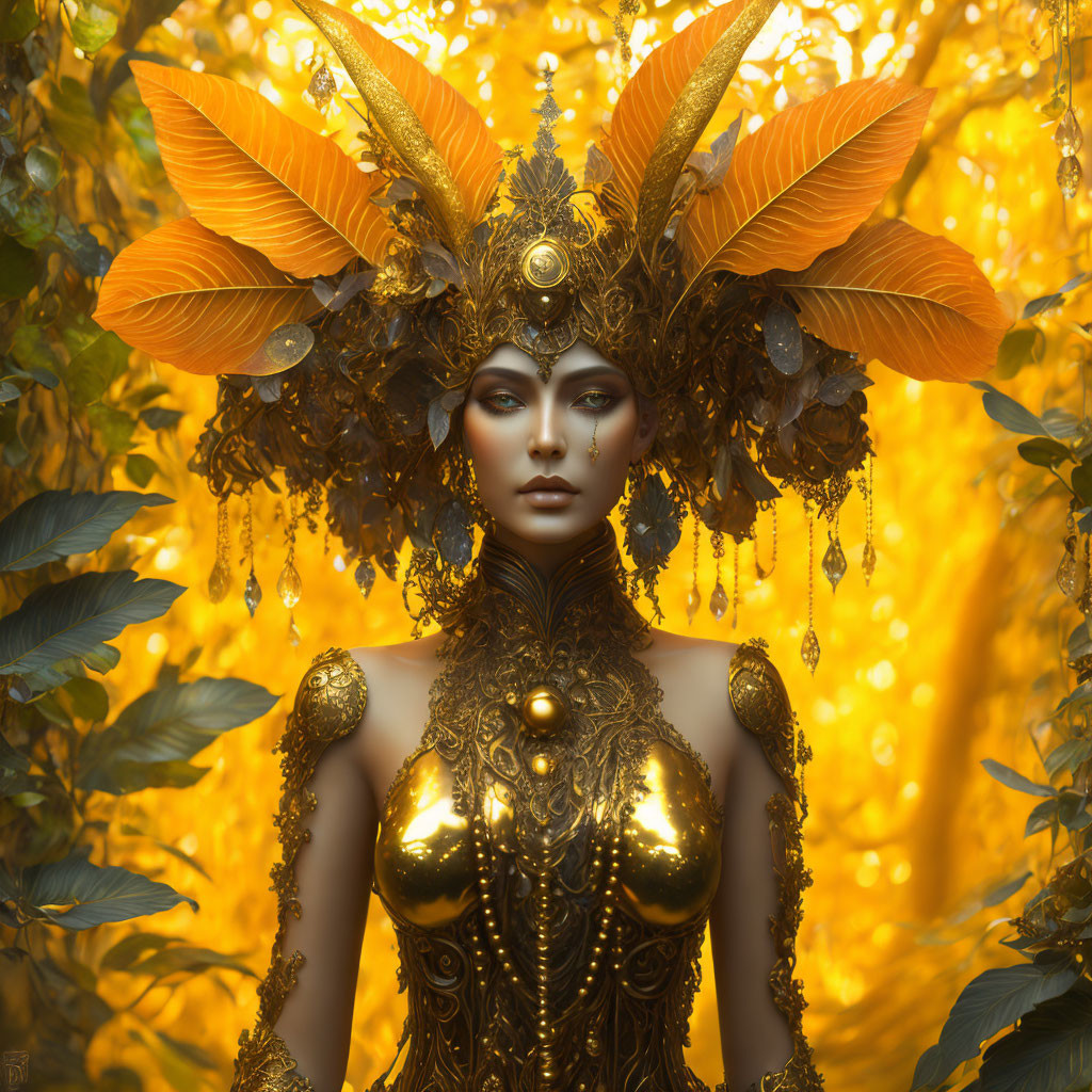 Elaborate golden costume with feathered headdress on warm yellow backdrop