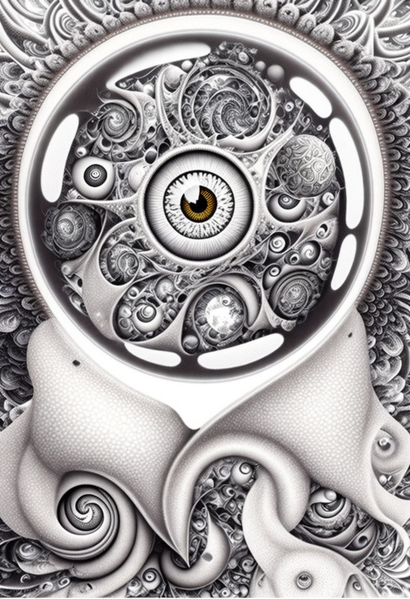 Surreal black and white illustration with mechanical and organic elements and a central eye surrounded by intricate patterns