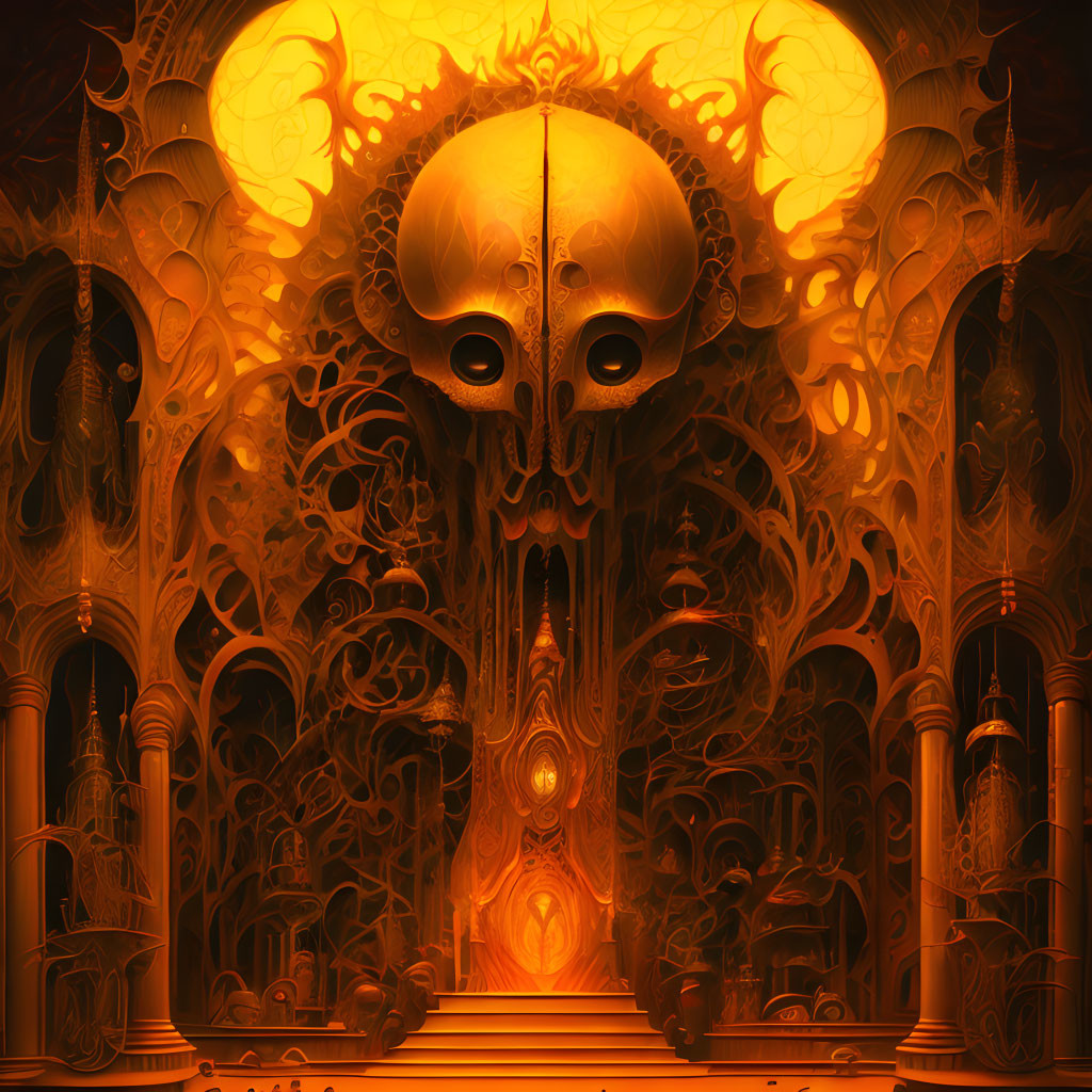 Surreal gothic digital artwork with ornate skull-like structure