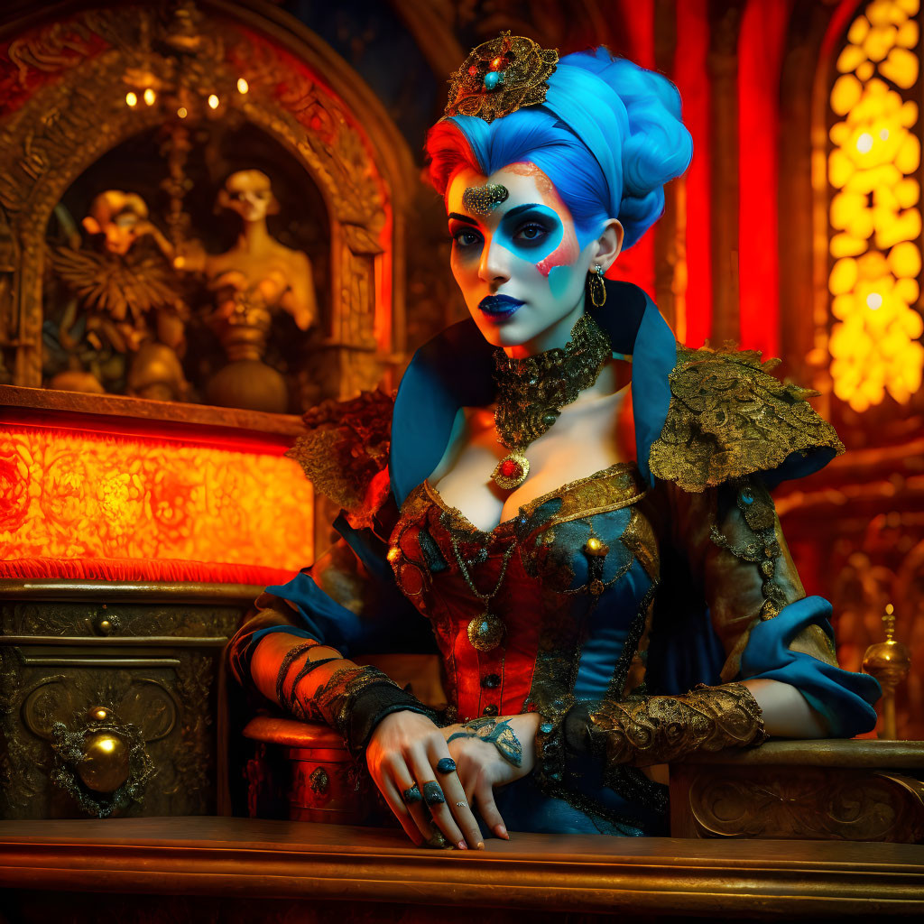 Vibrant blue-haired woman in vintage attire exudes mystical aura in gothic setting