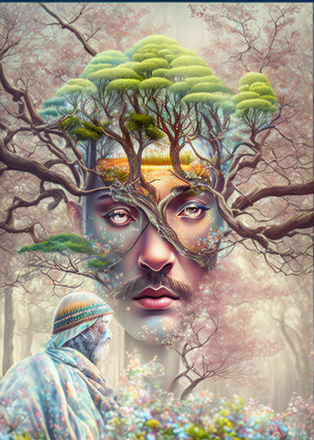 Surreal artwork: face with tree branches for hair in forest scene