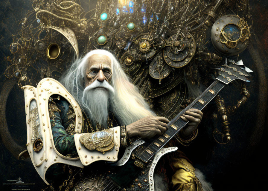 Elderly Man Playing Steampunk Guitar with Metallic Gears