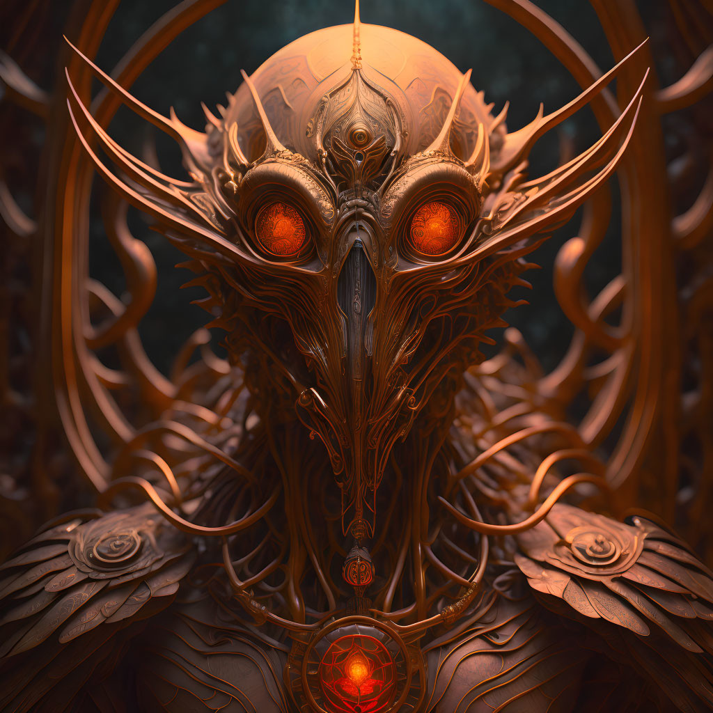 Golden ornate helmet with glowing orange eyes and intricate designs.