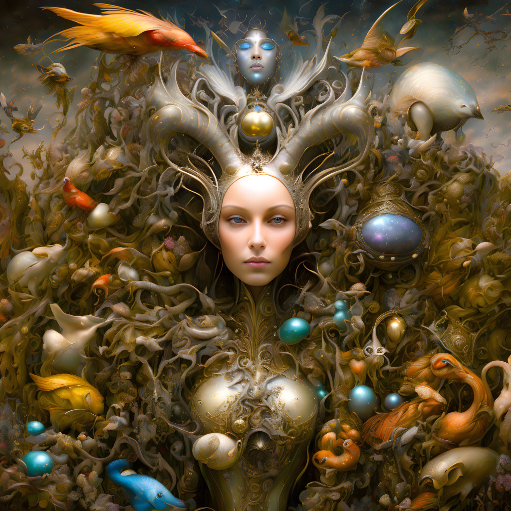 Surreal portrait of woman with ornate headdress in fantastical flora and fauna