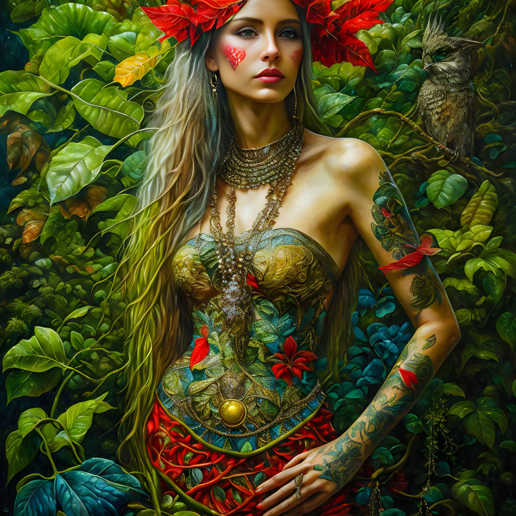 Tattooed woman with jewelry in greenery, owl, red flowers