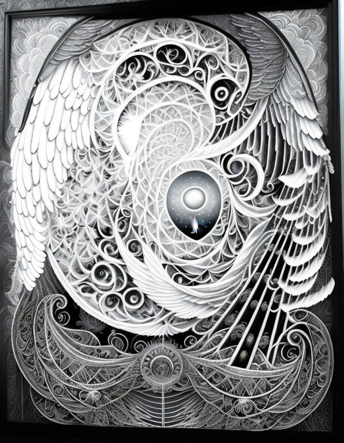 Abstract black and white artwork with swirling patterns and wing-like structures around a central eye motif