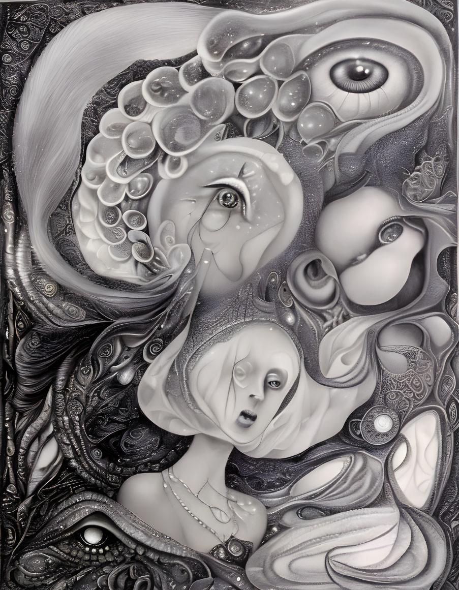 Monochromatic surreal artwork: abstract shapes, female faces, and swirling patterns.