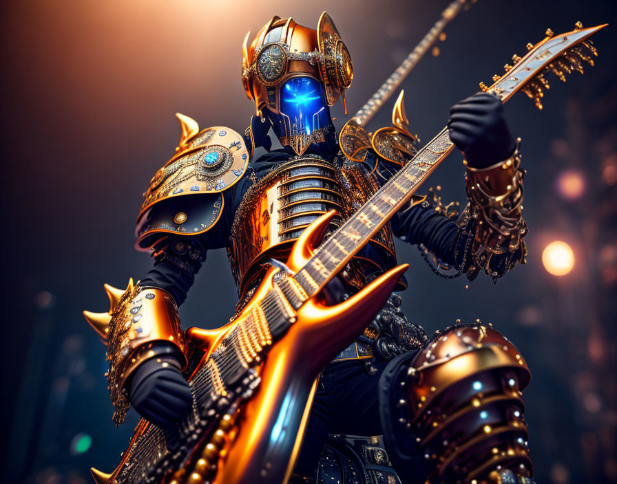 Futuristic robot in ornate armor playing electric guitar