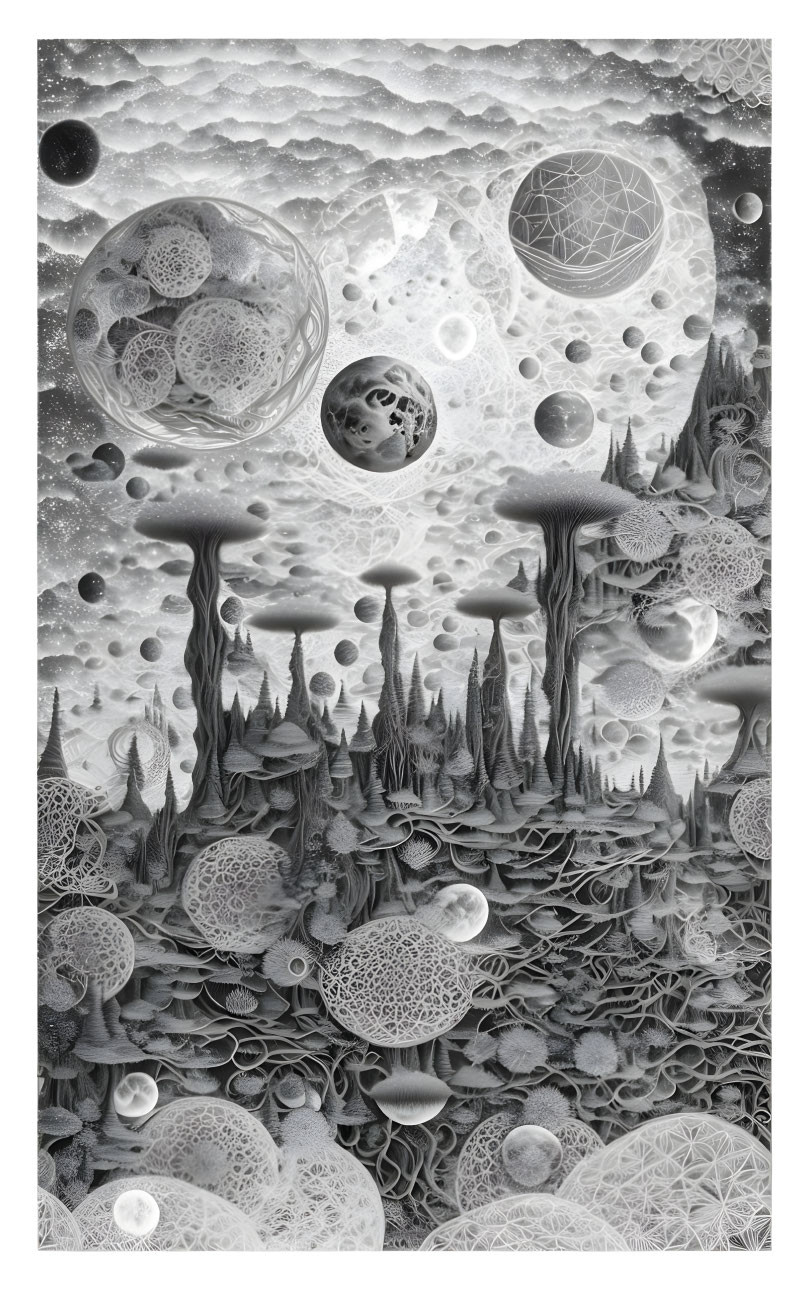 Surrealist monochromatic landscape with floating spheres and mushroom-like structures