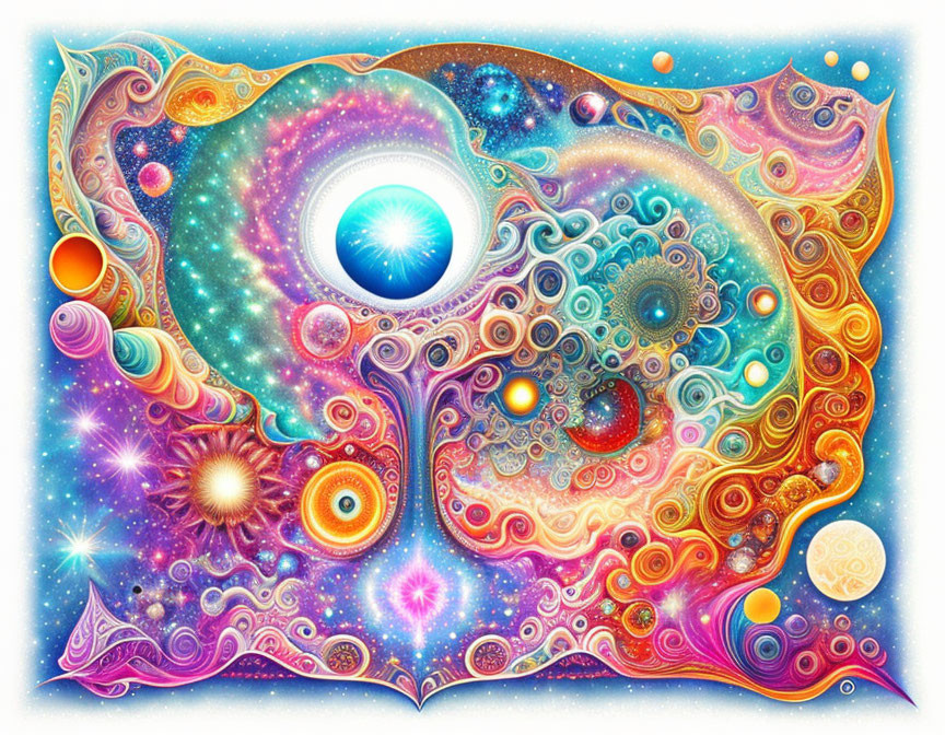 Colorful swirling patterns in abstract art piece with cosmic motifs