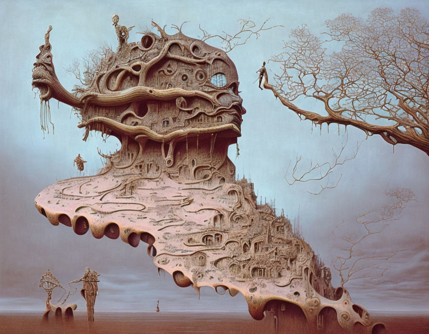 Surreal painting of fantastical landscape with organic floating structure