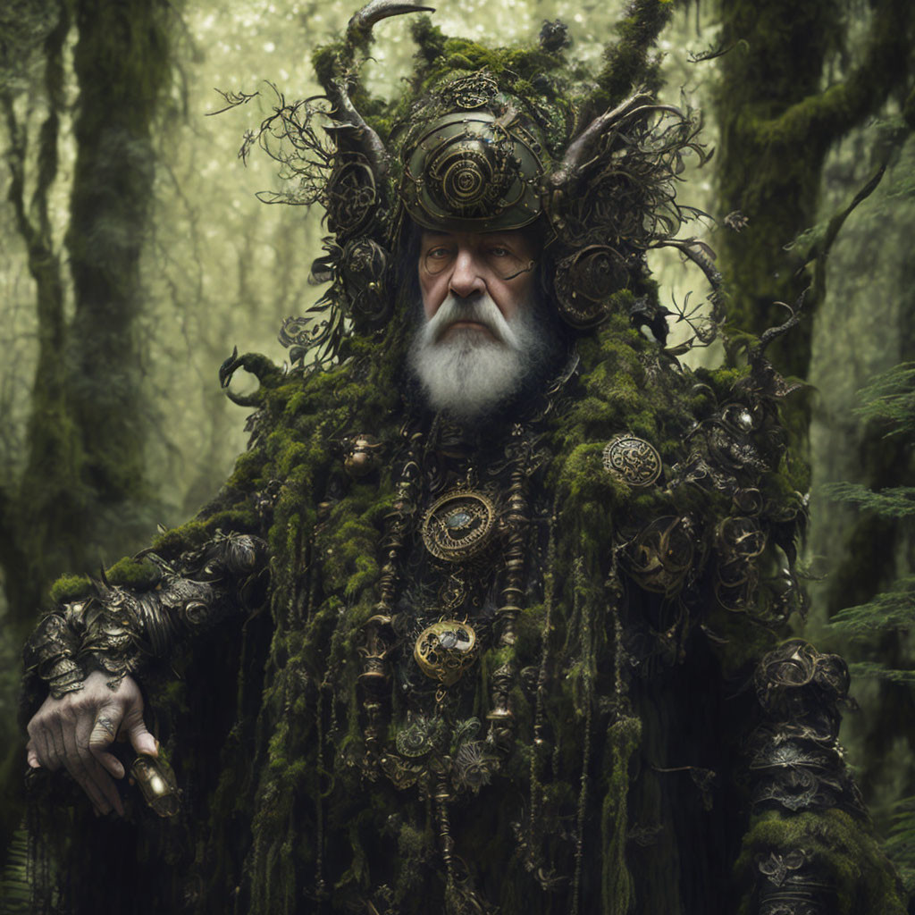 Bearded man in forest-themed armor with intricate details