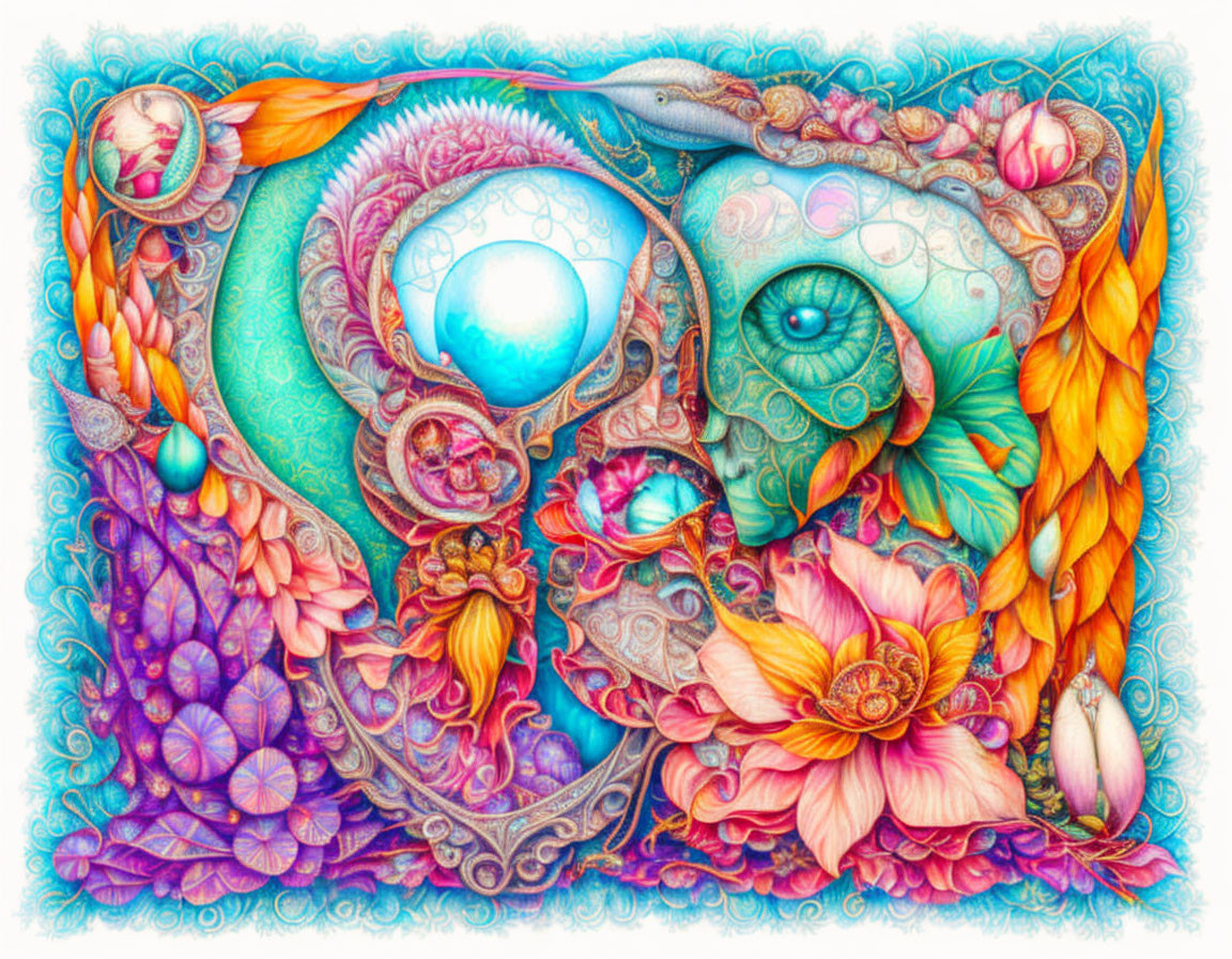 Colorful Abstract Illustration with Eyes, Feathers, Flowers, and Celestial Orbs