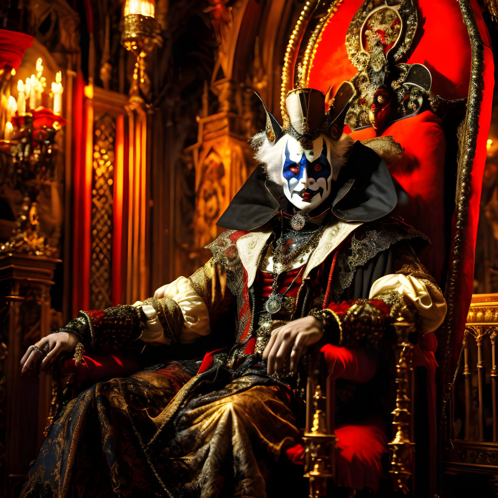 Jester in ornate costume in gothic-style room exudes eerie royalty