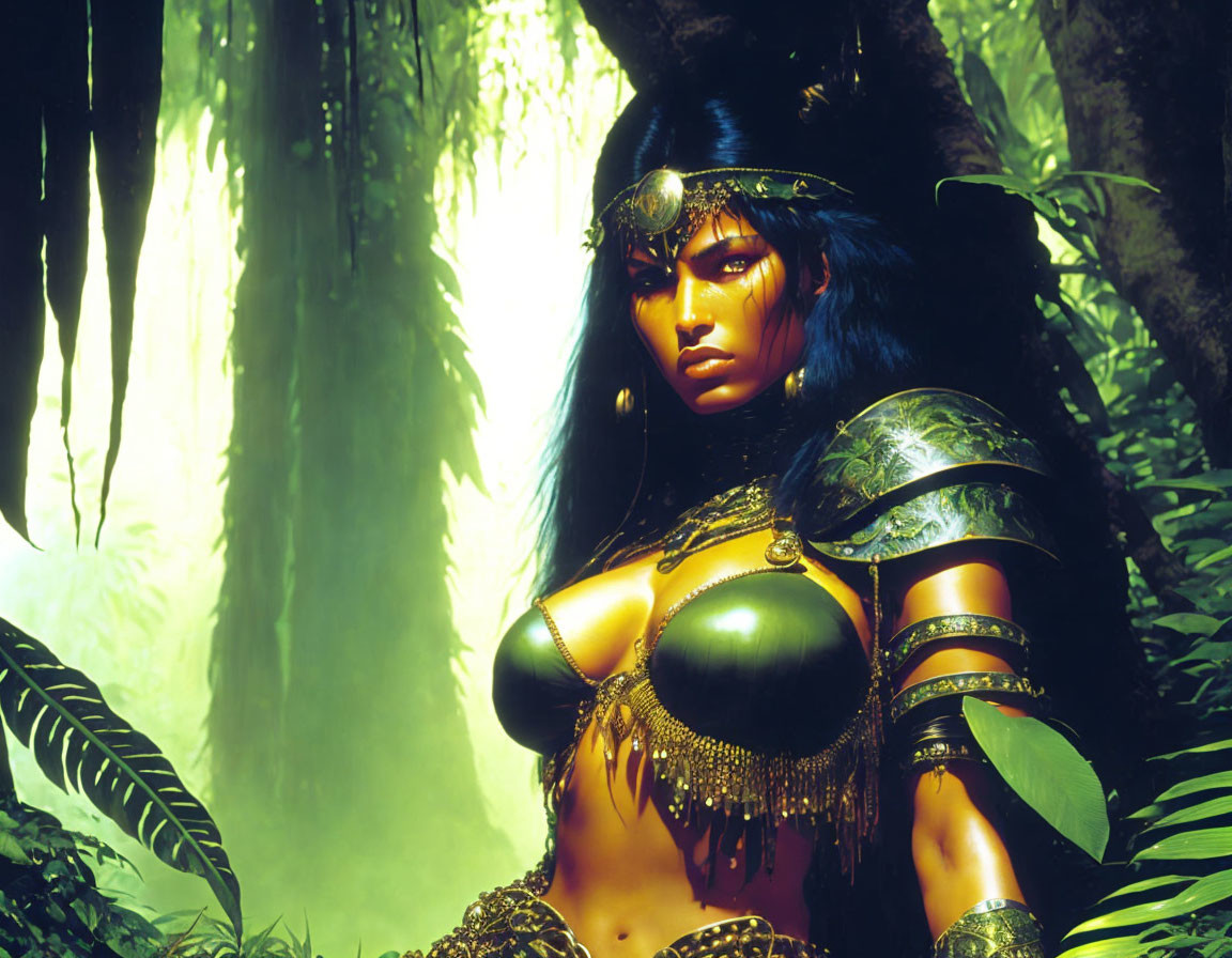 Warrior woman in golden armor in lush green jungle