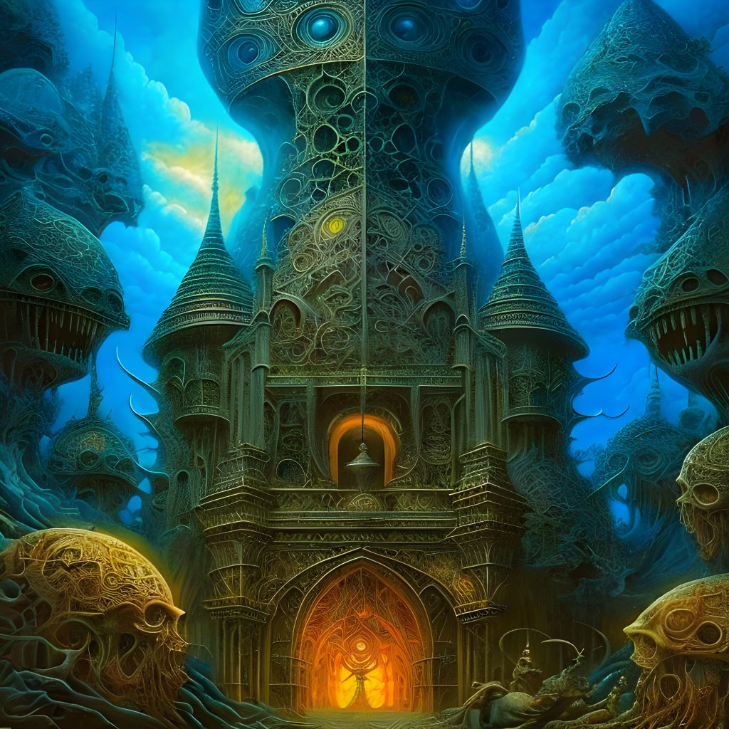 Fantastical castle with ornate spires in mystical blue glow surrounded by floating skull-like structures