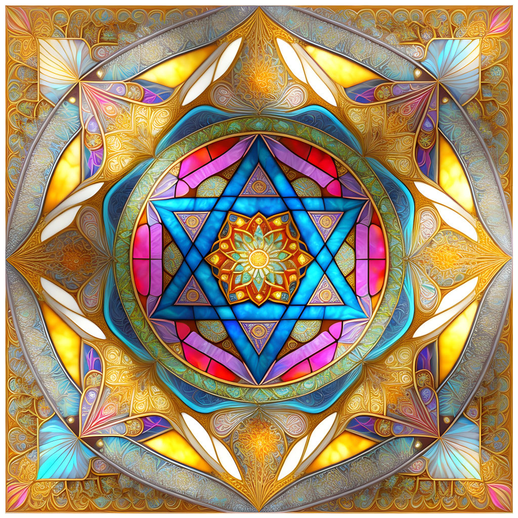 Colorful Digital Mandala with Geometric Patterns in Blue, Pink, and Gold