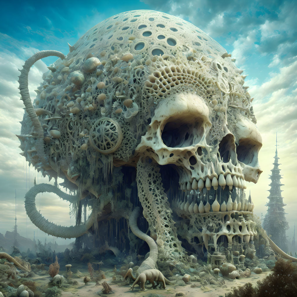 Surreal landscape featuring giant skull, tentacles, and mechanical elements