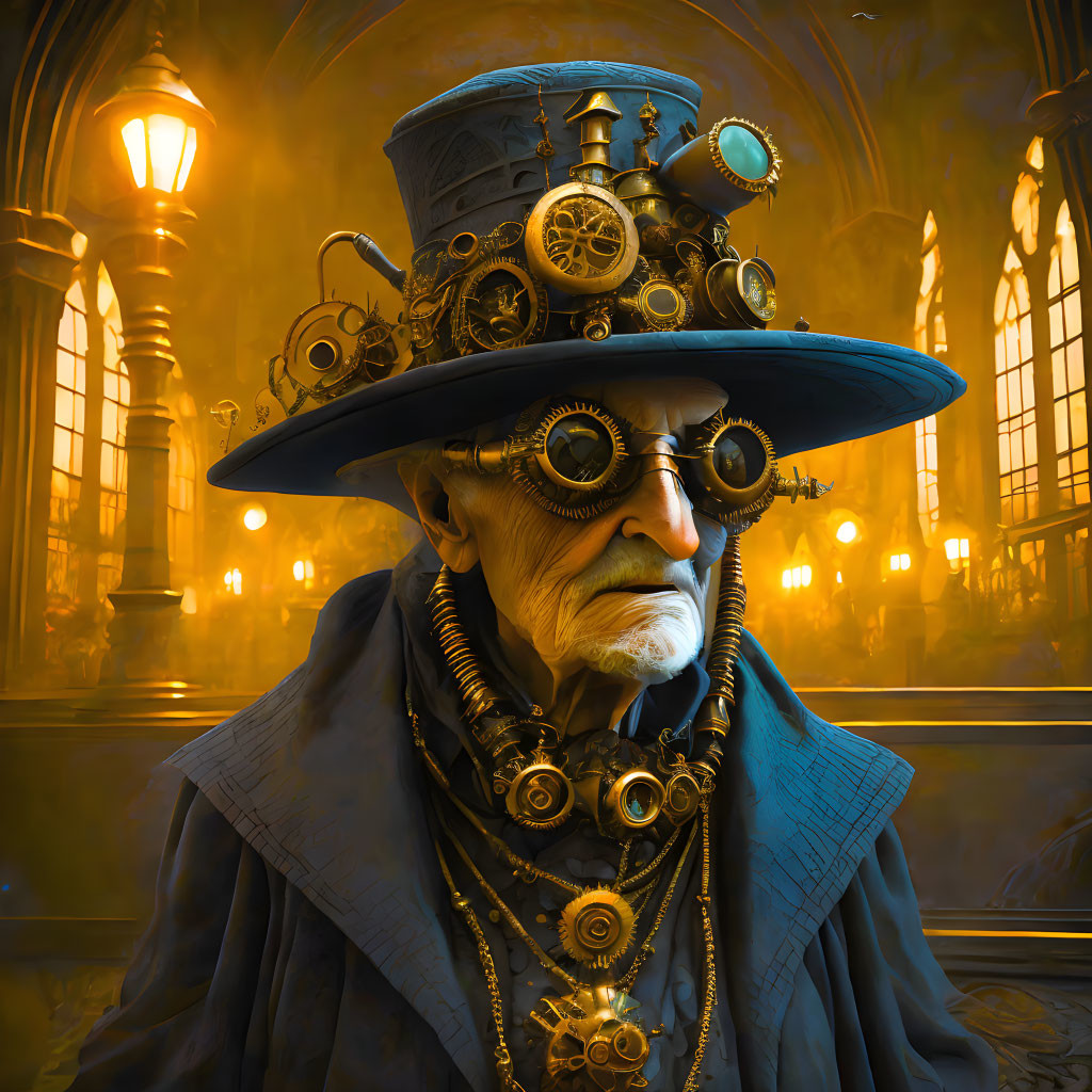 Elderly man in steampunk attire in dimly-lit ornate hall