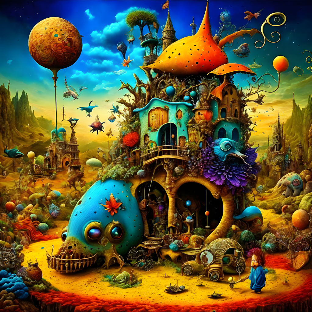 Fantastical landscape with colorful mushrooms and floating islands