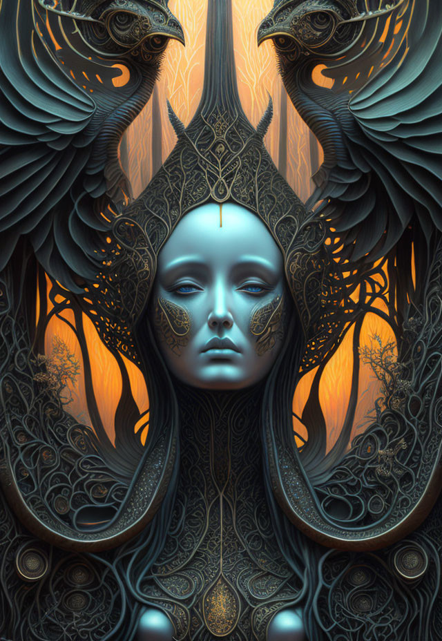 Detailed digital artwork: Blue-skinned female with golden headdress and peacock motifs