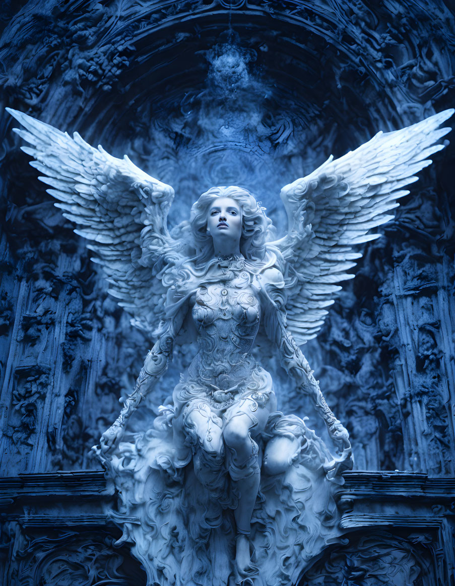 Intricate blue-tinted angel statue with detailed wings and armor against ornate background