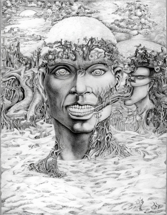 Detailed black and white surreal drawing of human face with tree growths