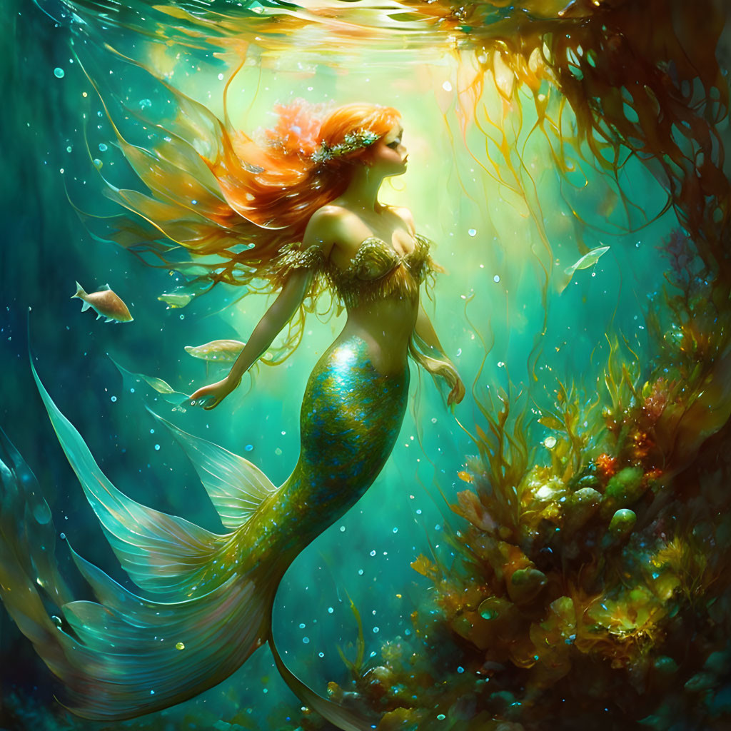 Mermaid swimming gracefully among corals and sea life